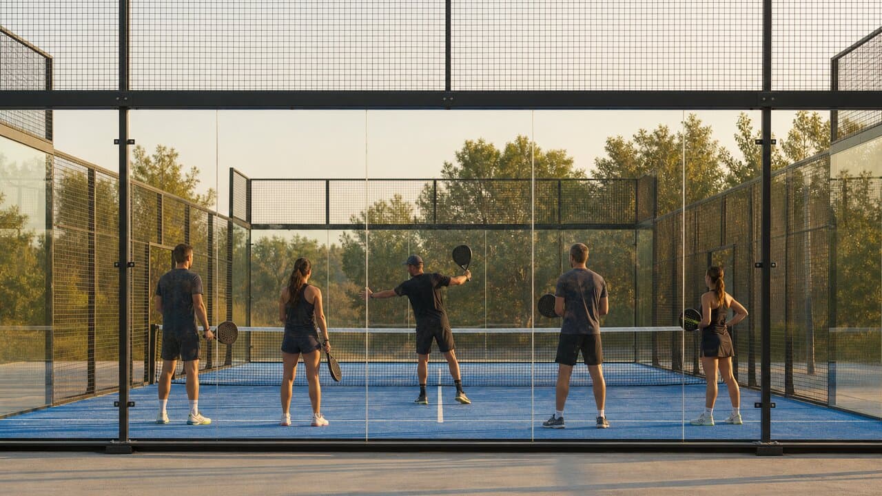 A coach running a group session on a padel court, seen from outside the glass