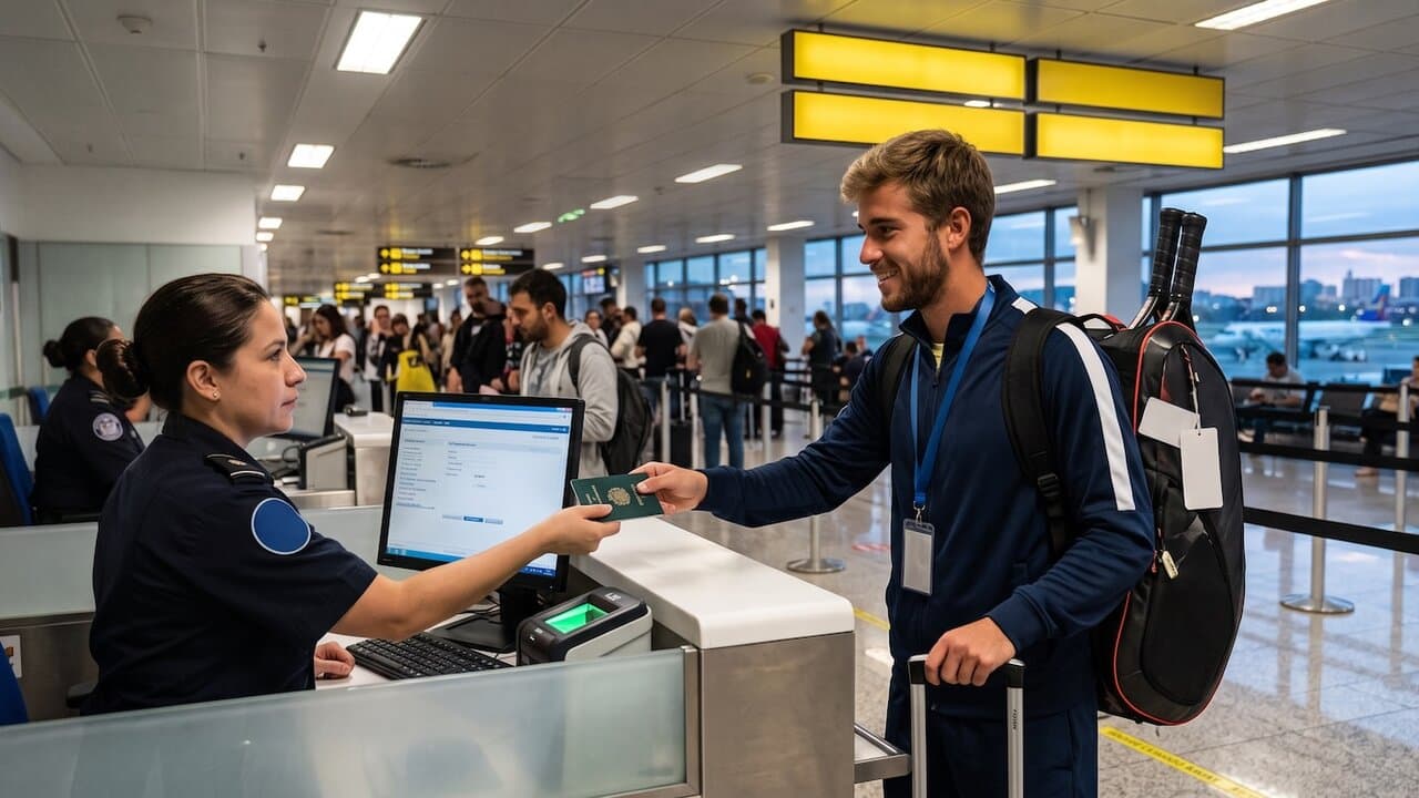 A coach with a racket bag handing his passport to an officer at airport immigration