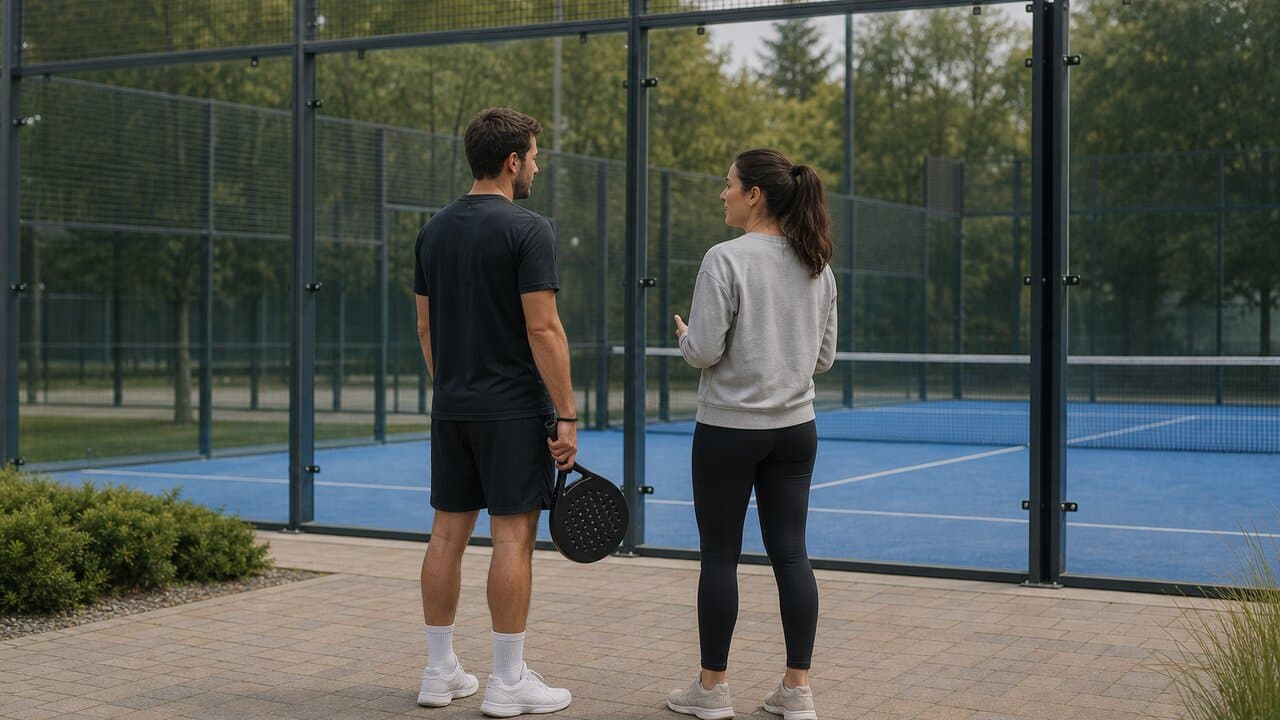 A coach talking with a player beside a padel court