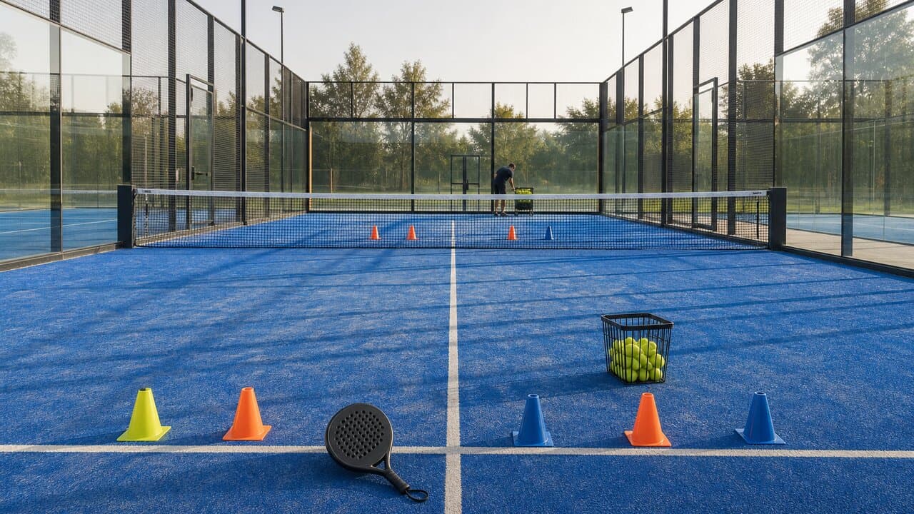 A coach setting up cones and balls on a padel court before a session