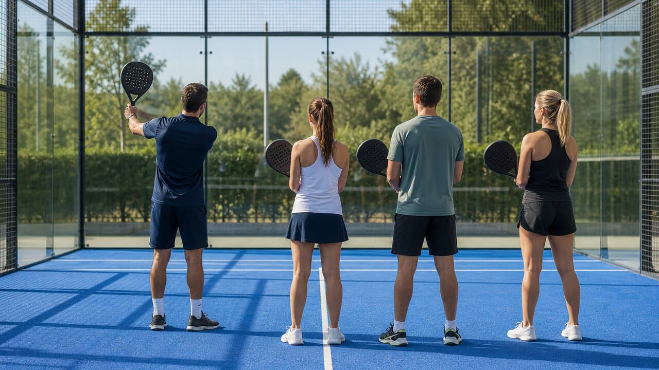 Un entrenador dirigiendo una clase grupal en una pista de pádel
